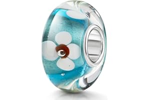 MATERIA by Matthias Wagner Glas Bead hellblau mit Blumen weiß orange - Anhänger Blüten für Beads Armband/Ketten 1023