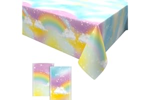 GRESATEK 2PCS Rainbow Table Covers,Rainbow Party Table Cloth Birthday Tablecloth Plastic for Girls Rainbow Theme Birthday Baby Shower Party Decorations 137 x 274cm