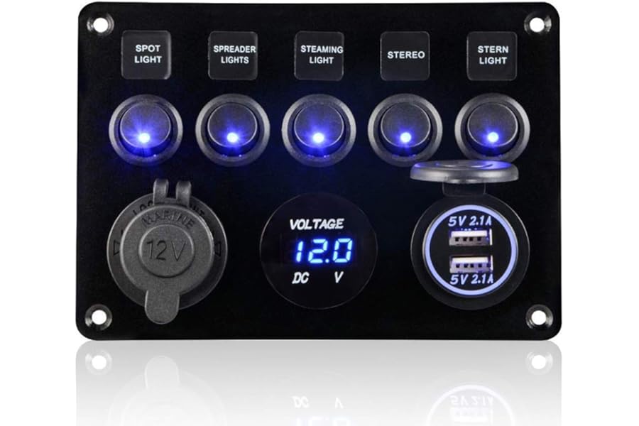 Geloo 12V/24V Toggle Switch Panel, IP65 Waterproof Car Rocker Switches 4.2A Dual USB Charger Port Lighter Socket Digital Voltmeter Display for Boat Car RV Vehicles Blue