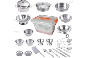 GOLCUGYJH Kids Kitchen Pretend Play Toy Accessories Stainless Steel Cookware Pots and Pans Set,Mini Kitchen Playset Classic Cooking Utensils with Sturdy Storage Box for Toddlers Boys Girls(25PCS）