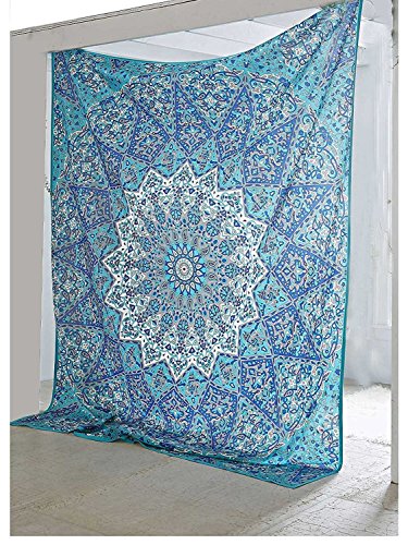 traditional-wall-art bohemian-psychedelic star-mandala-wall-hanging-sky-blue queen-size-large-84 X 90-inches-220 X 240-cm-tapestry