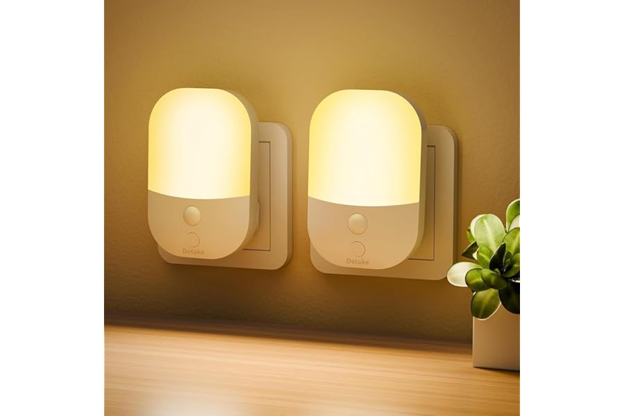 2 Pack Plug in Night Light with Dusk to Dawn Photocell Sensor, 5 Adjustable Brightness Levels, ON/Off/AUTO Modes, 3000K Warm White LED Night Light for Baby, Hallways, Stairs, Bedrooms, Kitchens, 0.3W