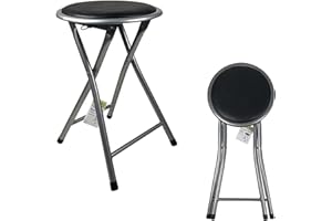 Marko Furniture Round Folding Kitchen Breakfast Area Stool Chair Silver Frame Seat (Black)