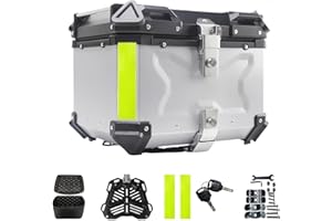 QAWNER Caja Superior Universal de Aluminio Impermeable para el Maletero de la Motocicleta, Universal Motorcycle Top Box, Doble Llave de Almacenamiento, Caja Superior para Guardar Cascos (Plateado, 55L)