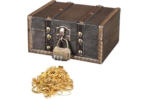 LYPPUL Drewniana skrzynia skarbów w stylu vintage, drewniana skrzynia na skarby, urodziny dziecka, z zamkiem szyfrowym, drewniana skrzynia piracka, do przechowywania i dekoracji (15 x 12 x 7,5 cm)