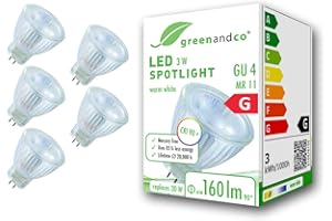 greenandco 5x MR11 GU4 | sostituisce 30W | bianco caldo 3000K | IRC 90+ | 3W 160 lm | 38° | senza sfarfallio | 12V AC/DC | non dimmerabile