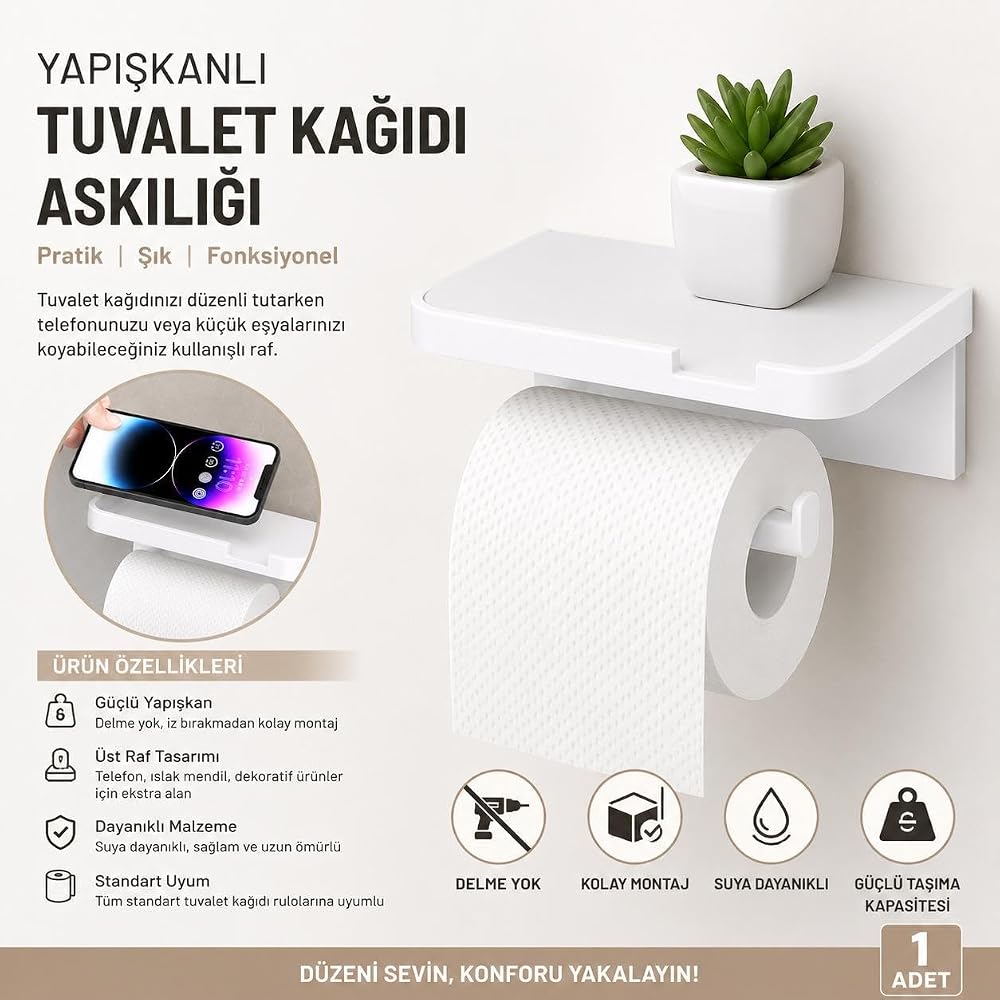 3B Trend Yapışkanlı Tuvalet Kağıdı Askılığı Raflı - Delme Gerektirmeyen Telefon Raflı Tuvalet Kağıdı Tutucu Banyo Organizeri Beyaz