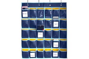 MISSLO Classroom Cell Phone Calculator Pocket Chart with Office Business Card Holder Hanging Wall Door Storage Organizer (30 Pockets, Blue)