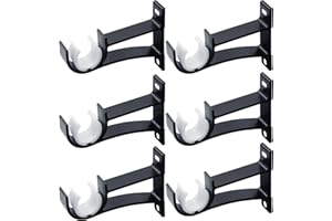 GUDUI Curtain Rod Bracket, Heavy Duty Curtain Rod Holders 6 Pack Black Curtain Rod Hooks for Wall, Single Decorative Drapery Rod Hangers Supports, Fits 1 to 1.2 Inch Diameter Drapes Rods
