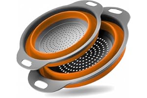 KÖNIG DESIGN Colador plegable, colador de cocina, silicona, colador de pasta, frutas, verduras, 2 tamaños (24,5 + 29,2 cm) (naranja)