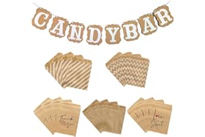 MiaLover Candy bar Zubehör Set CANDY BAR Girlande Banner und 50 Stück Papiertüten Candy Bar Banner mit Kraftpapier tüten für Candybar Deko Hochzeit Geburtstagen Süßigkeiten Party Zubehör Dekorationen