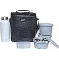 KOI Luxe Lunch Box Set with Insulated Bag and Cutlery – 3 Microwave Safe Steel Containers BPA Free (290ml, 450ml, 600ml), Plastic Pickle Box (180ml), and 750ml Steel Water Bottle(Black Croko)