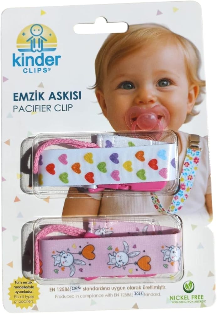 2'li Pembe Tavşan ve Renkli Kalp Desenli Plastik Klips Emzik Askısı
