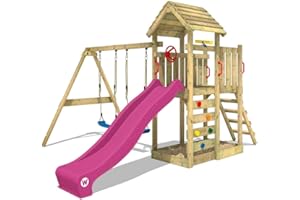 WICKEY Aire de Jeux MultiFlyer portique avec Toit en Bois & balançoire et Toboggan Violet, Tour d'escalade pour Enfants avec bac à Sable, échelle et Accessoires de Jeu pour Le Jardin.