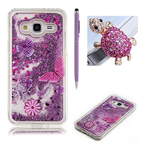 für Samsung Galaxy J3 2016 Hülle,SKYXD Glitzer Flüssig Wasser Kreativ Design Weiche Silikon Gel Gummi [Nicht Hard Case] Brillianter Leichtes Glatt Schutzhülle mit [Handyanhänger + Eingabestifte] Handy Tasche Hülle Etui für Samsung Galaxy J3 2015/2016 SM-J320 Soft Shine Bling Glitter Liquid Water Folie Case Back Cover With Touch Pen Dust Plug - Violett Treibsand Sparkle mit Rosa Schmetterling Muster