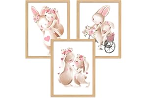 Zamety 3 Pezzi Quadri per Camera Bambini, A4 Immagini per Cameretta dei Bambini, Immagini per Cameretta Neonato, Coniglio Poster, Quadri Cameretta Bambino per Ragazzi e Ragazze, Senza Cornici