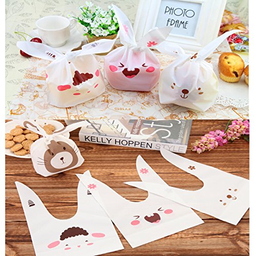 Ndier Sacs de Bonbons 90pcs Sac Cadeaux Biscuit Candy Bags avec d'oreilles de lapin, sac de casse-croûte pour la fête, anniversaire, la nouvelle année
