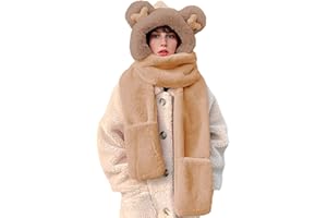 RAYSON Femme 3 en 1 Chapeau Echarpe Moufle Echarpe Gants en Peluche Epais Chaud Foulard Tour de Cou Hiver Drôle Mignon Ours en Peluche Oreille Animal Chapeau