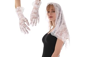 SamHeng Mantilla Veil & Gloves Kit, Elegant Rose Lace Women Church Veil Shoulder Length Chapel Head Covering with Floral Gloves for Wedding Prom Evening Party Costume