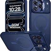 GGM GİYİM & AKSESUAR MagSafe ile Uyumlu Kamera Lens Hediyeli Mat Şeffaf PC Telefon Kılıfı Manyetik Standlı Darbe Emici Mavi i