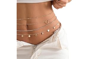 Carufin Chaîne de taille en cristal multicouche Coeur de pêche à sequins Chaîne de corps empilable Chaînes de ventre Été Plage Accessoires de corps Bijoux pour femmes et filles (Or)
