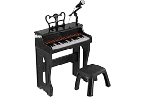 THE MAGIC TOY SHOP Kids Grand Piano Black, Electronic Keyboard with Microphone 37 Keys Children Musical Instrument Educational Activity Toy Birthday Gift