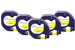 UNOKA 5X Compatible for Dymo LetraTag Yellow Plastic Tape Refills 91202 S0721620, Black on Yellow 12mm x 4m Cartridge for Dynamo Letratag LT-100H LT-100T LT-110T QX50 XR XM 2000 Plus Label Makers