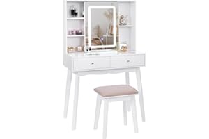 BEWISHOME Schminktisch mit Beleuchtung, Einstellbarer Helligkeit, Kosmetiktisch mit Schiebespiegel, Schminktische Frisiertisch Schminktisch Klein, Schminktisch mit hocker 2 Schubladen Weiß EFST15M