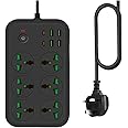 COMFET 12 in 1 Universal Power Strip (socket) with USB C 2 Slots, Extension Cord(2meter) with 6 Wide Universal Sockets and 4 USB, 110-240v, Max 3000w, Independent Switch, International Plug.(BLACK)