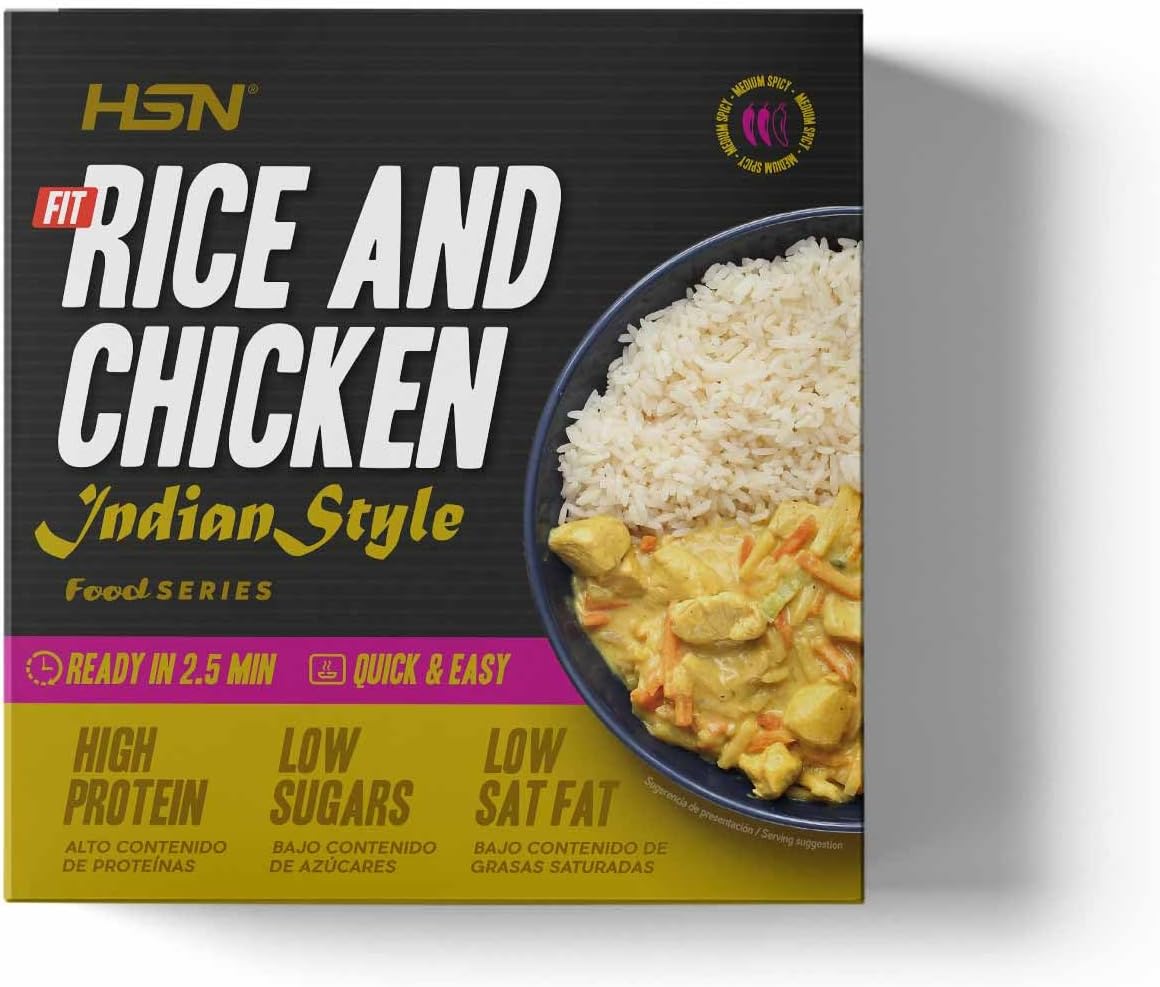 Plato Preparado Fit Arroz con Pollo en Salsa al Curry estilo Hindú de HSN | 420 gramos | Listo para Calentar y Tomar | Alto en Proteínas, Bajo en calorías | Comida Sana y Rica
