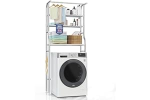 KISEELY Washing Machine and Toilet Storage, Over The Washer and Dryer Storage Shelf, 3 Tier Laundry Room Metal Drying Rack with Towels Hangers, Space Saver Organizer for Clothes Towels (Stainless Steel HL1)