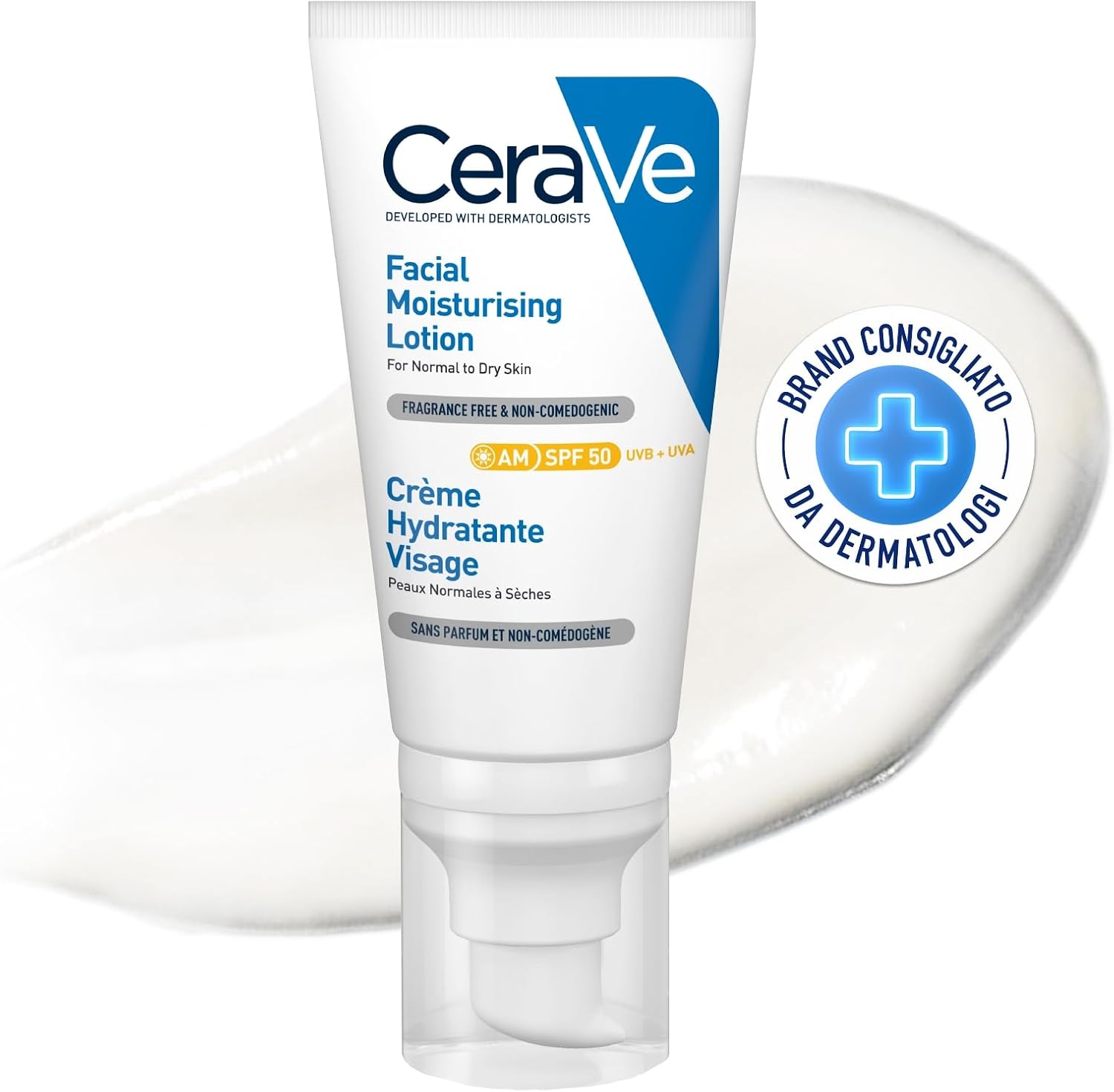 CeraVe - Crème Hydratante Visage SPF50 - Crème de Jour avec Protection UVB + UVA - Acide Hyaluronique, Céramide, Niacinamide, Vitamine E - Peau Normale à Sèche - 52 ml