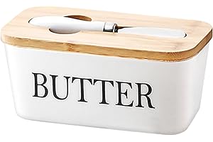 Simcat Butter Dish with Lid and Knife, Ceramic Butter Dish with Double Silicone Seals Butter Box, Butter Container Perfect for East West Coast Butter, White