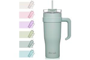 Autsel 1200ML Taza de viaje Botella agua con asa Taza de café aislada con tapa de pajita Taza de café de acero inoxidable a prueba de fugas Vaso al vacío Taza para bebida fría caliente