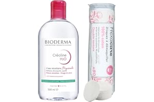 Pack Eau Micellaire Créaline H2O 500 ml et 80 Cotons Ronds HEXACARE OFFERTS – Nettoyant & Démaquillant Visage et Yeux – Peaux Sensibles – Sans Rinçage – Haute Tolérance