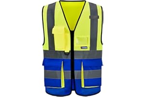 AYKRM 21 couleur Gilet di Sicurezza Antinfortunistici Alta Visibilità con tasche Giacca da lavoro riflettente ad alta visibilità Gilet riflettente con cerniera
