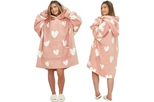 Dreamscene Heart Print Hoodie Blanket Sherpa Lined Fleece Womens Plush Oversized Giant Pull Over Soft Jumper Wearable Throw - Valentine Day Gifts
