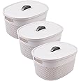 Kuber Industries Unbreakable Small Multipurpose Storage Baskets with lid|Design-Netted|Material-Plastic|Shape-Oval|Color-Grey|Pack of 3
