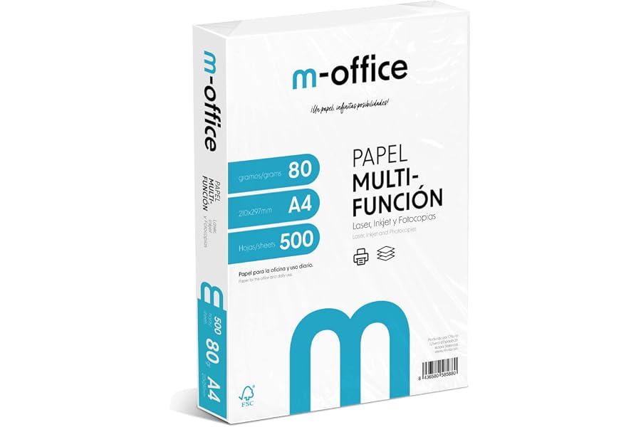 Paquete Folios A4 80gr, Paquete de 500 hojas, Papel Multifunción para Impresora Inkjet y Láser, Hojas A4 210 x 297 mm Id