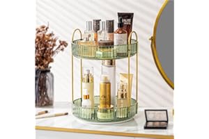 ROWNYEON Makeup Organiser 360 Rotating,Spinning Skincare Cosmetic Organiser 2 Tier Large Spinny Make Up Storage Organiser Shelf for Perfume, Vanity,Dresser, Bedroom, Bathroom,Toiletry(Green)
