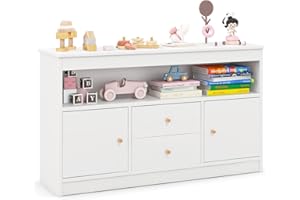 COSTWAY Kids Toy Storage Organizer, Wooden Children's Bookcase with 2 Drawers, 2 Cabinets & Open Shelf, Toys Books Storage Unit for Playroom, Bedroom, Nursery (White)