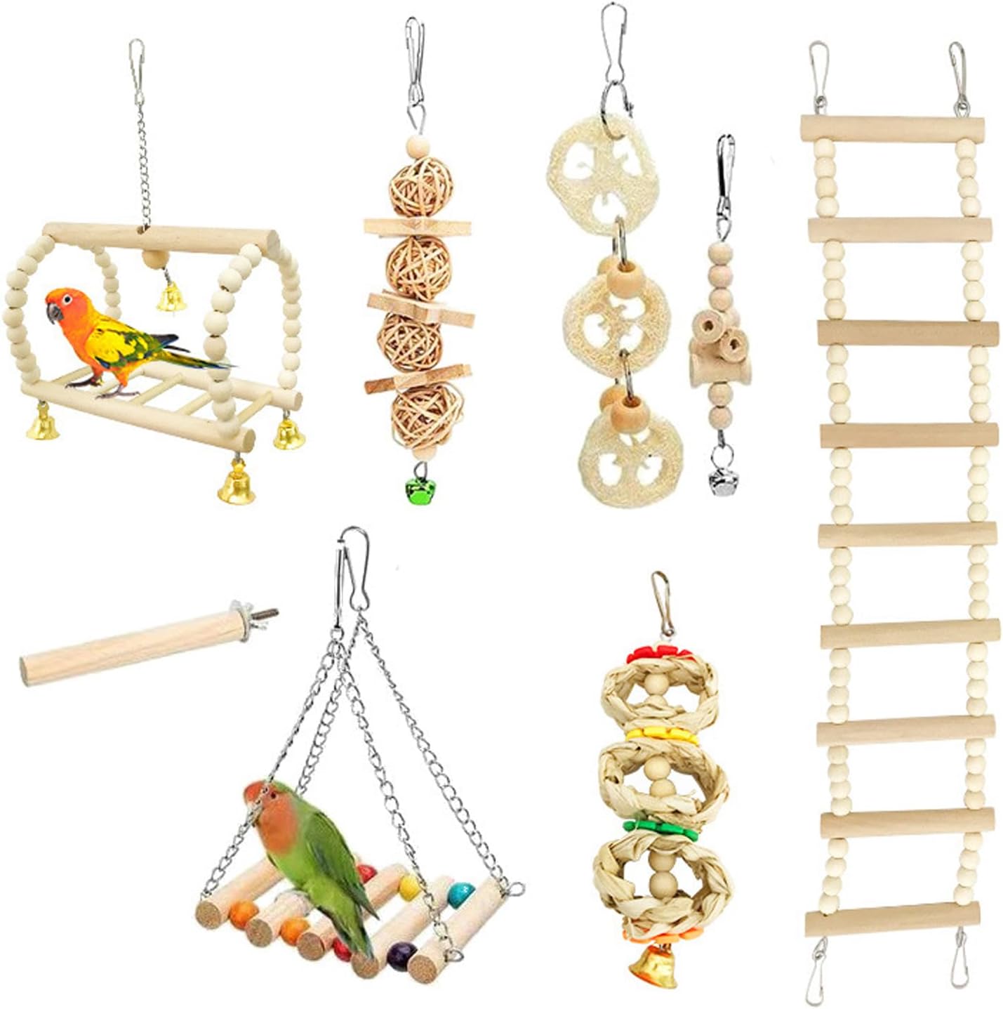 Eulihent 8 Piezas Juguetes para Loros, Juguetes Colgantes para Jaula con Campanas, Columpios, Hamaca, Escalera y Juguetes de Masticación para Periquitos, Cacatúas, Agapornis y Aves Medianas
