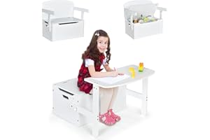 COSTWAY 3 en 1 Table Enfant en Bois avec Chaise, Banc Coffre à Jouets avec Couvercle & Poignée Découpée, Table d'Activités Convertible pour Tout-Petits de 3-7 Ans, Charge10/30kg, 60X57X44CM