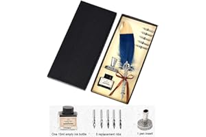 U BRANDS Quill Pen, Handmade Quill Feather Pen Set Antique Calligraphy Writing Quill Pen with Ink, Feather Pen with Ink and Steel Tips Calligraphy Set Quill Pen,6Replacement Nibs/Contains Ink （Navy Blue）