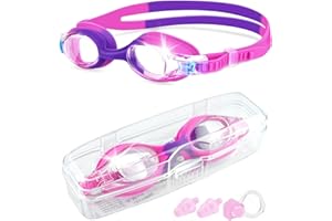 Victoper Kids Swimming Goggles 4-16 years, Upgraded Design Anti-Fog Anti-UV Wide Clear View Soft Silicone Adjustable Swimming Goggles with Ear&Nose Plug for Girls Purple