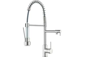 SAEUWTOWY Grifo de Cocina LED Extraible con Resorte Monomando Grifo Cocina de Fregadero con 2 Modos Giratorio a 360​°, Grifería Agua Fría y Caliente, Acero Inoxidable, Cepillado