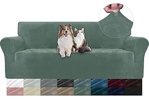 YSTELLAA Housse De Canapé en Velours 3 Places, Sofa Cover Extensible, Universelle Housse pour Canapé avec Accoudoirs, Protection Griffures, Antidérapant, Lavable, Vert clairs