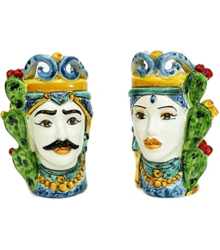 Coppia Teste Di Moro Siciliane In Ceramica - Verde, H 25cm, Decorazione Handmade - Foto 4