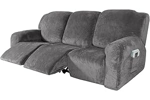 ele ELEOPTION Funda de Sillón Reclinable Relax, Funda de Sillón Extensible de Terciopelo, Funda de Sillón de Masaje Lavable en Casa, Protector de Sillón Reclinable - 3 Plaza (8 Piezas), Gris