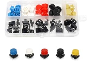 WOWOONE 25pcs 12x12x7.3 mm Tact Tactile Push Button Switch, 4 Pin Momentary SMD PCB Micro Switch with Cap for Arduino, AE1027 5 Colors Round Cap Assortment Kit DIY Project